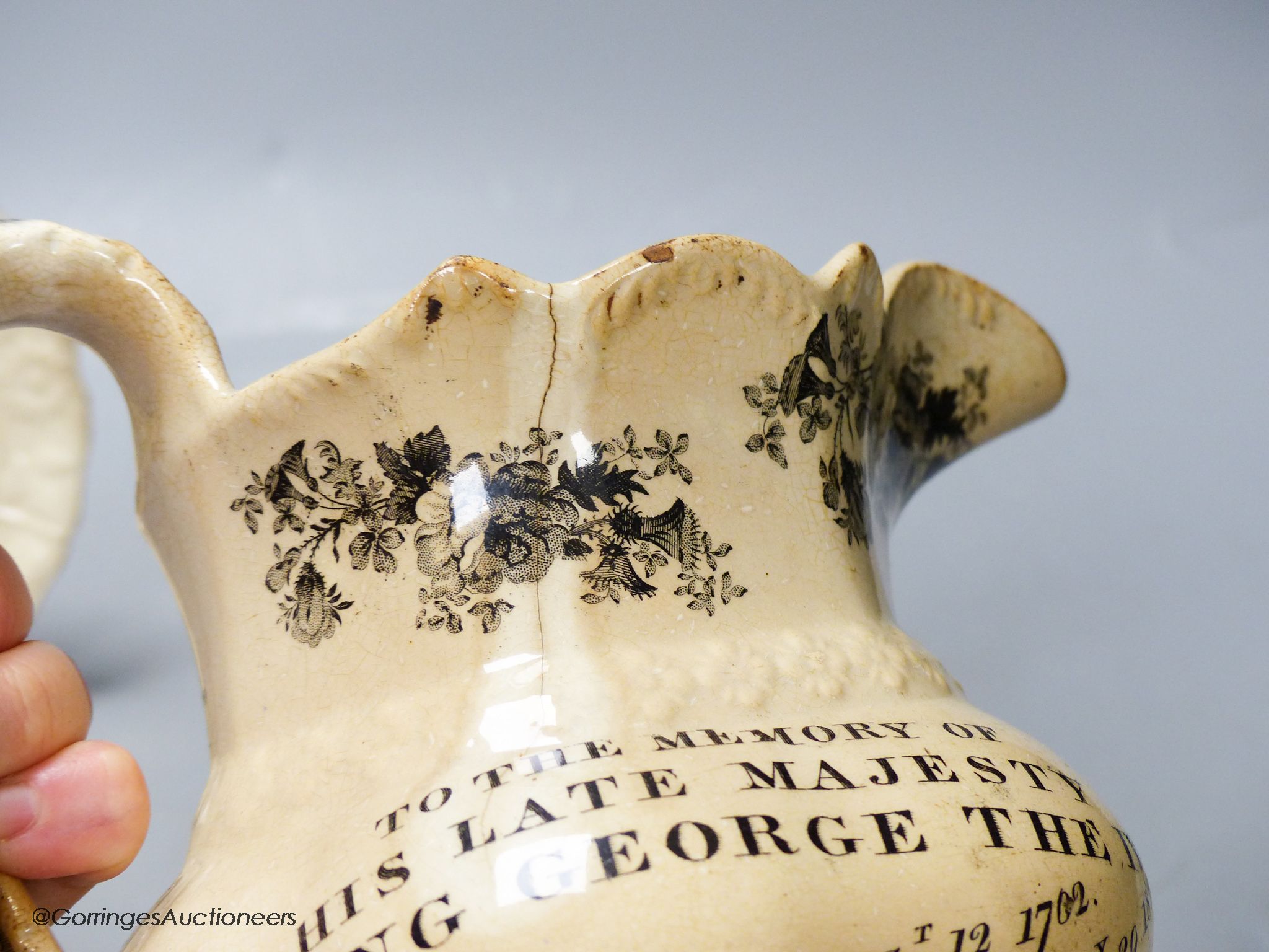 A George IV commemorative jug, height 17cm, and a Queen Victoria coronation plate